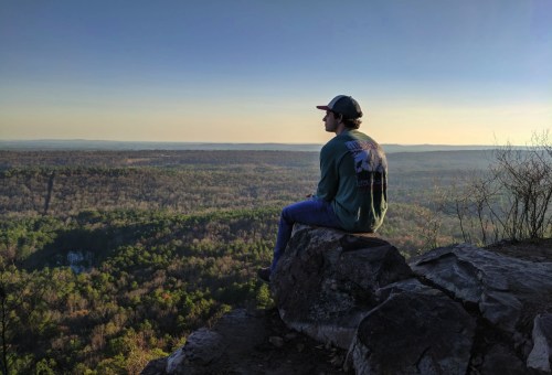 A person sits on a rock, gazing over a vast forested landscape under a clear sky.