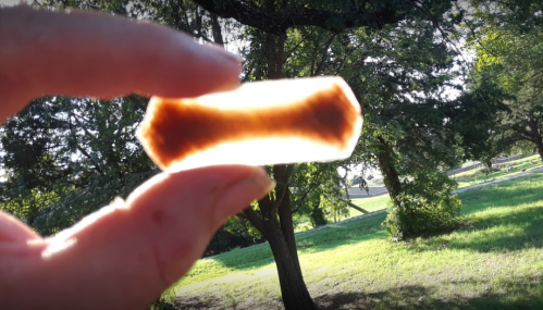 A hand holds a translucent, elongated crystal against a backdrop of trees and grass in bright sunlight.