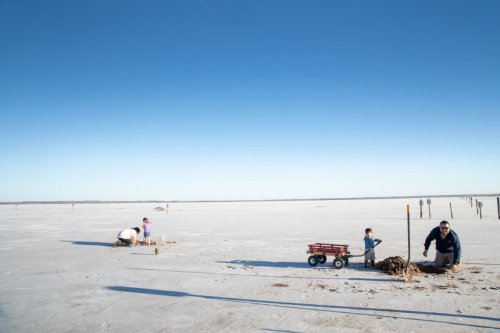 Two adults and a child digging in a vast, flat, white landscape under a clear blue sky, with a red wagon nearby.