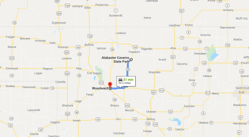 Map showing directions from Woodward to Alabaster Caverns State Park, indicating a 31-minute drive over 30.2 miles.
