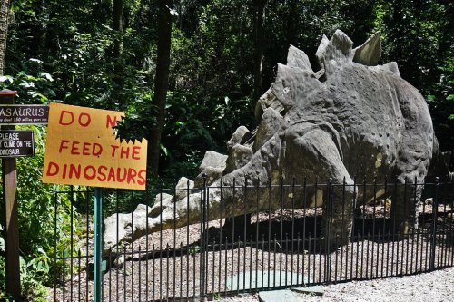 A large dinosaur sculpture in a forested area, with a sign reading "DO NOT FEED THE DINOSAURS" nearby.