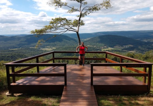 A person stands on a wooden overlook with a scenic view of rolling hills and a tree in the background.