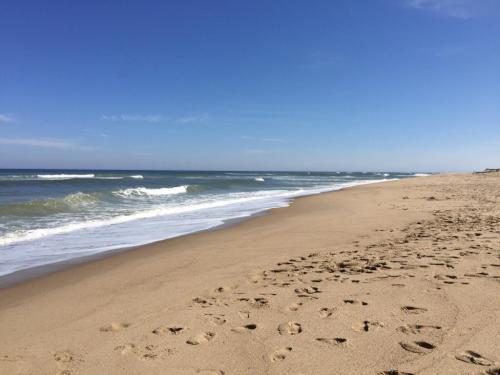 A serene beach scene with gentle waves, a clear blue sky, and footprints in the sand.