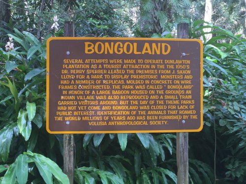 Sign about Bongoland, detailing its history as a tourist attraction and features like an Indian village and animal exhibits.