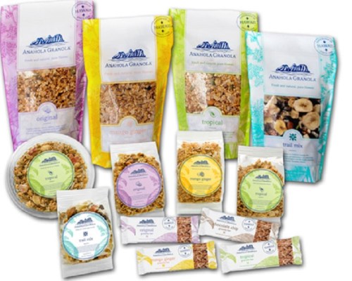 Assorted packages of Anahola Granola and trail mix in various flavors, displayed on a white background.