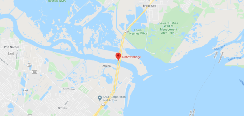 Map showing the Rainbow Bridge over the Neches River, near Port Arthur and Bridge City, Texas.