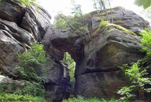 A natural rock formation with towering cliffs and trees, creating an archway in a lush green forest.