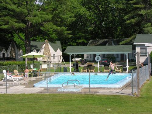 A fenced pool area with people relaxing on lounge chairs and swimming, surrounded by green trees and cottages.