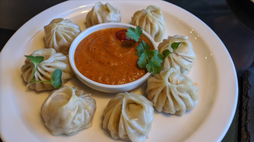 A plate of dumplings arranged around a bowl of spicy sauce, garnished with a sprig of cilantro.