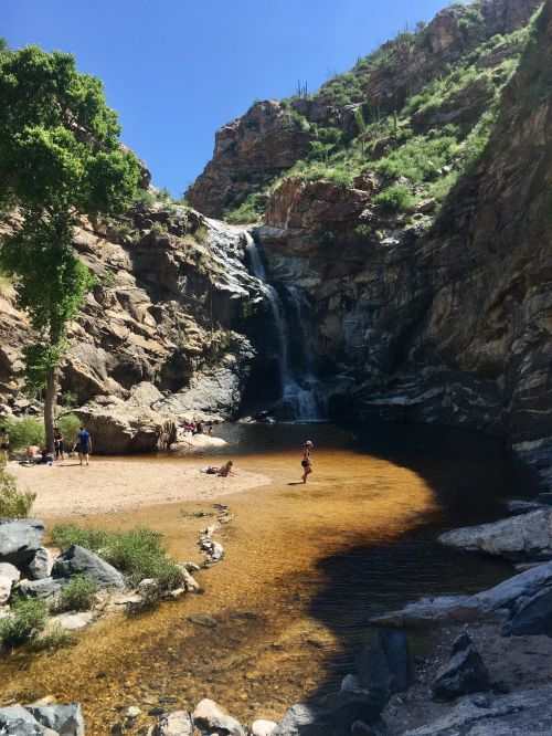 A serene waterfall cascades into a rocky pool surrounded by lush greenery and people enjoying the sunny day.