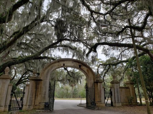 A grand stone archway surrounded by moss-covered trees, leading to a serene, wooded area.