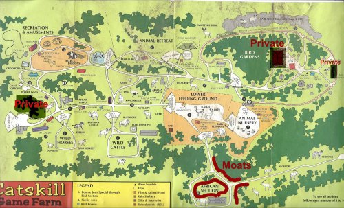Map of Catskill Game Farm, highlighting areas like the Animal Nursery, Moats, and private sections.