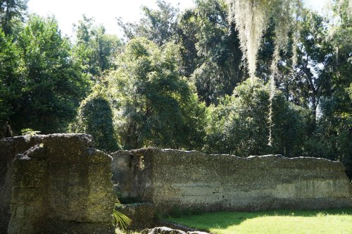 Ruins of a stone wall surrounded by lush greenery and trees, with Spanish moss hanging from branches above.