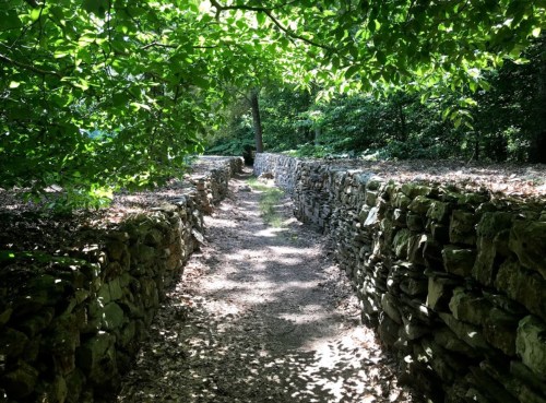 A narrow path lined with stone walls, surrounded by lush green trees and dappled sunlight.