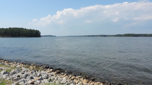A serene lake view with rocky shoreline, surrounded by trees and a cloudy sky in the background.