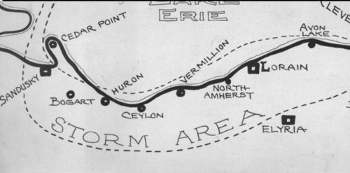 Map showing locations along the coast of Lake Erie, including Cedar Point, Huron, and Elyria, marked with a "Storm Area."