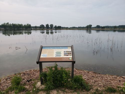 A sign at Goose Egret Marsh Preserve near a calm water body, surrounded by reeds and trees under a cloudy sky.