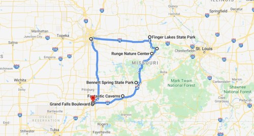 Map showing a route through Missouri, highlighting parks and attractions like Runge Nature Center and Bennett Spring State Park.