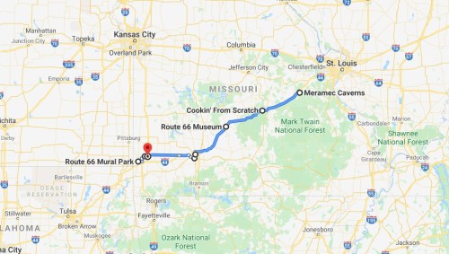 Map showing a route from Route 66 Mural Park to Meramec Caverns, highlighting key locations along the way.
