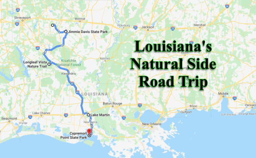 Map showing a road trip route in Louisiana, highlighting Jimmie Davis State Park, Lake Martin, and Cypress Point State Park.