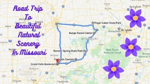 Map highlighting a road trip route through scenic locations in Missouri, including parks and natural attractions.