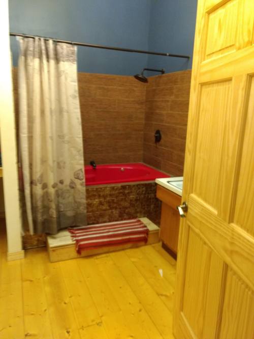A bathroom featuring a red bathtub, wooden floor, and a shower curtain, with a wooden door partially open.