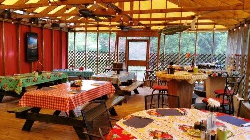 Cozy dining area with colorful tablecloths, wooden tables, and large windows, surrounded by greenery.