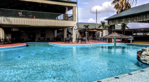 A clear blue pool surrounded by a patio and palm trees, with a building and seating area in the background.