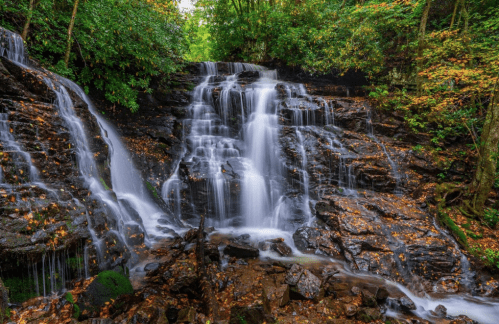 A serene waterfall cascades over rocky terrain, surrounded by lush greenery and autumn leaves.