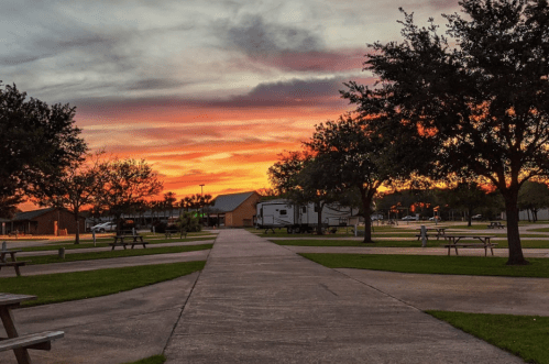 A scenic park at sunset, featuring a pathway, trees, and picnic tables under a colorful sky.