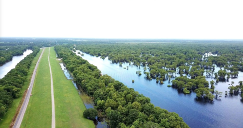 Aerial view of a lush green landscape with a river and tree-lined banks under a cloudy sky.