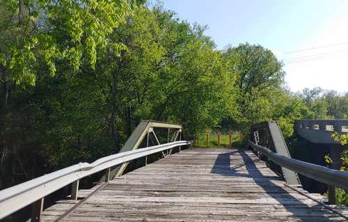 A wooden bridge surrounded by lush green trees under a clear blue sky.