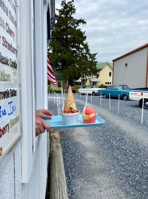 A hand holds a tray with an ice cream cone and a bowl of fruit outside a building, with cars and trees in the background.