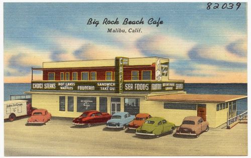 Vintage postcard of Big Rock Beach Cafe in Malibu, featuring classic cars and a seaside view.