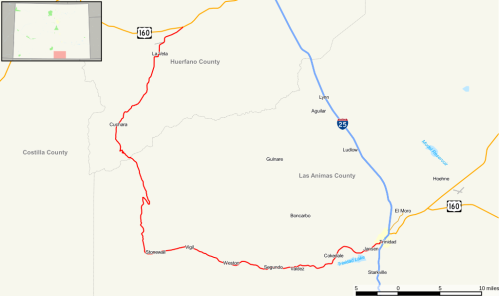 Map showing highways and routes in southern Colorado, including La Veta, Cuchara, and surrounding counties.