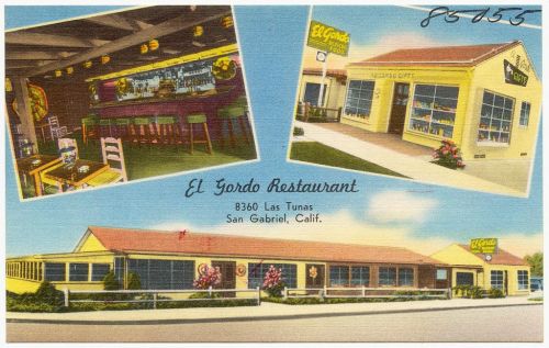 Vintage postcard featuring El Gordo Restaurant in San Gabriel, California, showcasing its exterior and interior.