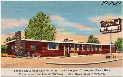 Vintage postcard of the Imperial Restaurant, featuring a red wooden building and colorful landscaping.