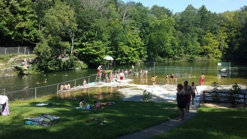 A sunny day at a swimming area with people enjoying the water, surrounded by trees and a grassy area.