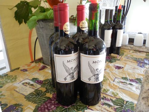 Bottles of Montiz wine displayed on a table with a grape-themed tablecloth and greenery in the background.