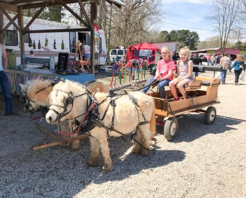 Two children sit in a wooden cart pulled by two small ponies at a lively outdoor event.