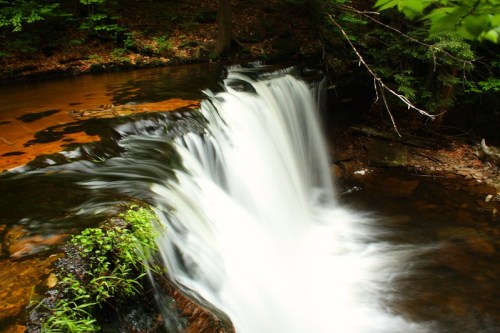 A serene waterfall cascades over rocks into a calm, reflective pool surrounded by lush greenery.
