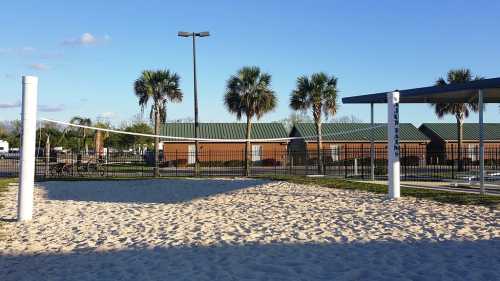 A sandy volleyball court with a net, surrounded by palm trees and buildings in the background under a clear sky.