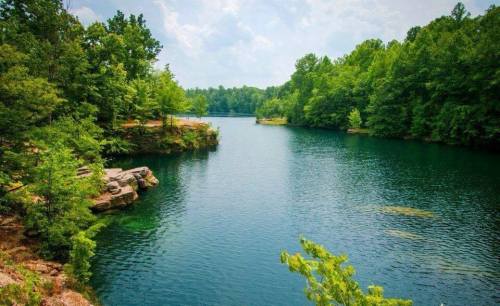A serene lake surrounded by lush green trees under a partly cloudy sky.