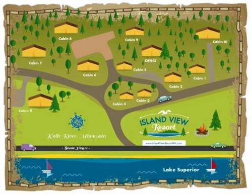 Map of Island View Resort in Knife River, Minnesota, showing cabins, office, and Lake Superior with boats.