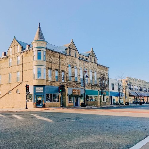 Historic brick buildings line a street, featuring shops and a clear blue sky above.