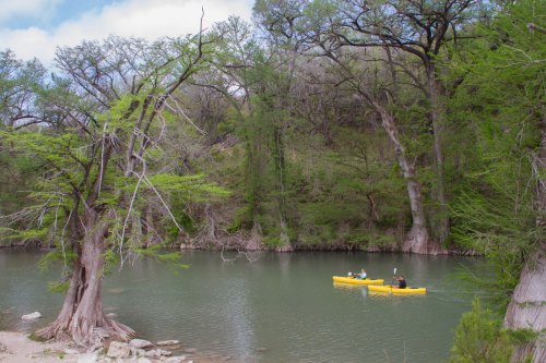 Two kayakers paddle on a calm river surrounded by lush green trees and a rocky shoreline under a cloudy sky.