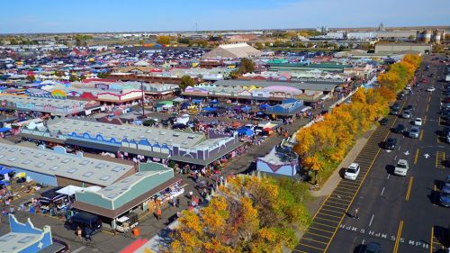 Aerial view of a vibrant outdoor market with colorful stalls and autumn trees lining the street.