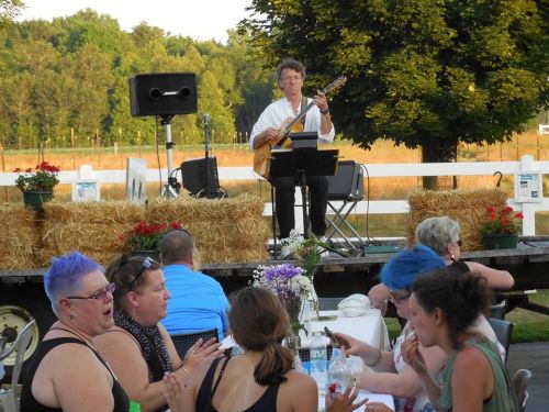 A musician plays guitar on a stage while people enjoy a meal at an outdoor event surrounded by greenery.