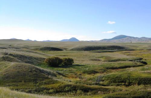 A serene landscape featuring rolling hills, green grass, and distant mountains under a clear blue sky.