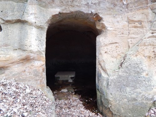 A rocky cave entrance with a stone slab inside, surrounded by carved markings and fallen leaves.